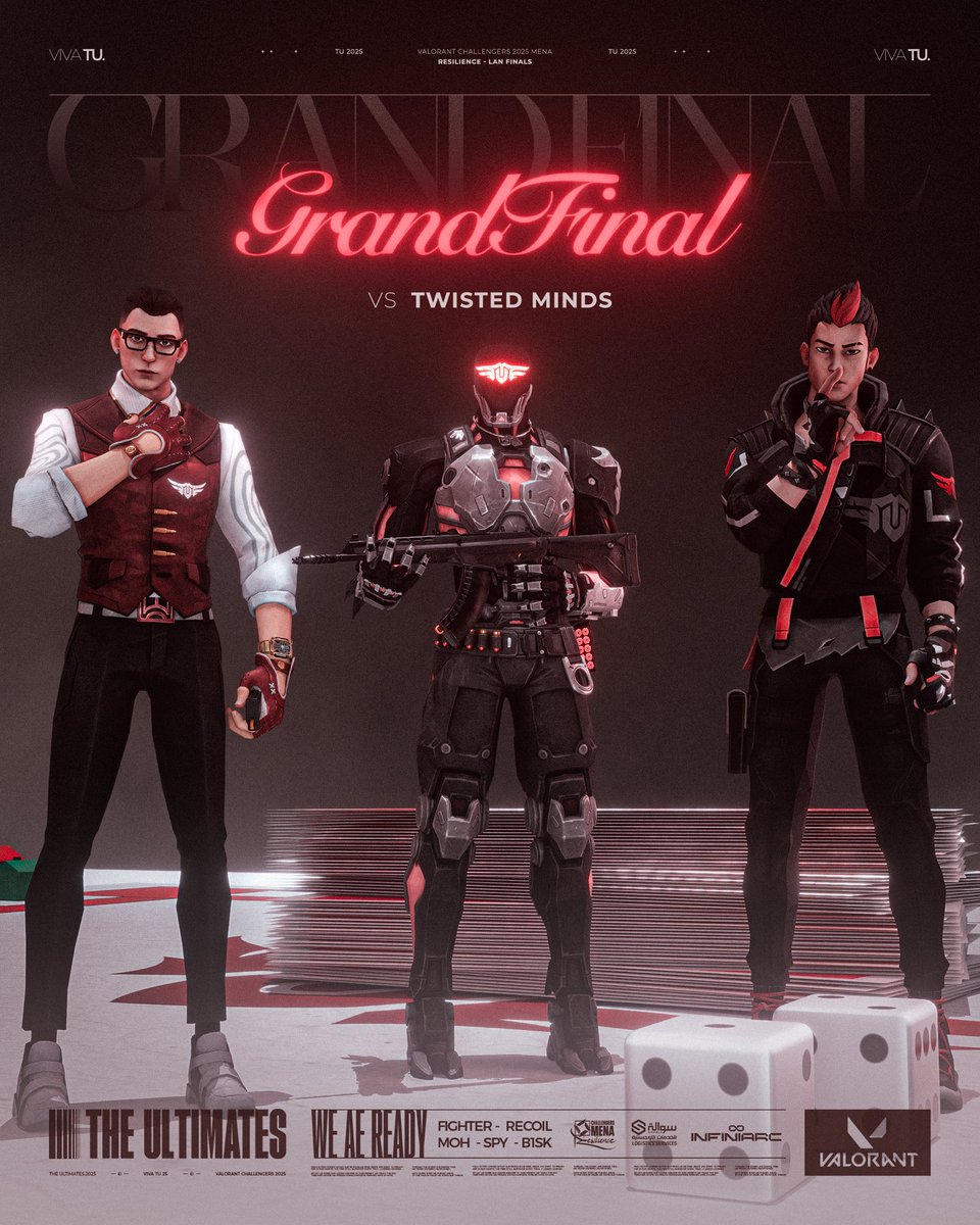 The Grand Final is here. 🏆🔥
Tonight we face <a href="/TwisMinds/">Twisted Minds 🧠</a> for the title.

🕖 7:00PM KSA | 12:00PM EST
🔗 twitch.tv/valorantesport…

#VivaTU | #VCLMENA