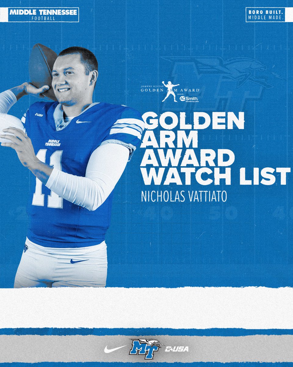 Middle Tennessee Football (@mt_fb) on Twitter photo Another week, another watch list for <a href="/nwv_11/">Nick Vattiato</a>!
#BoroBuiltMiddleMade | <a href="/GoldenArmAward/">Golden Arm Award</a> Another week, another watch list for <a href="/nwv_11/">Nick Vattiato</a>!
#BoroBuiltMiddleMade | <a href="/GoldenArmAward/">Golden Arm Award</a>