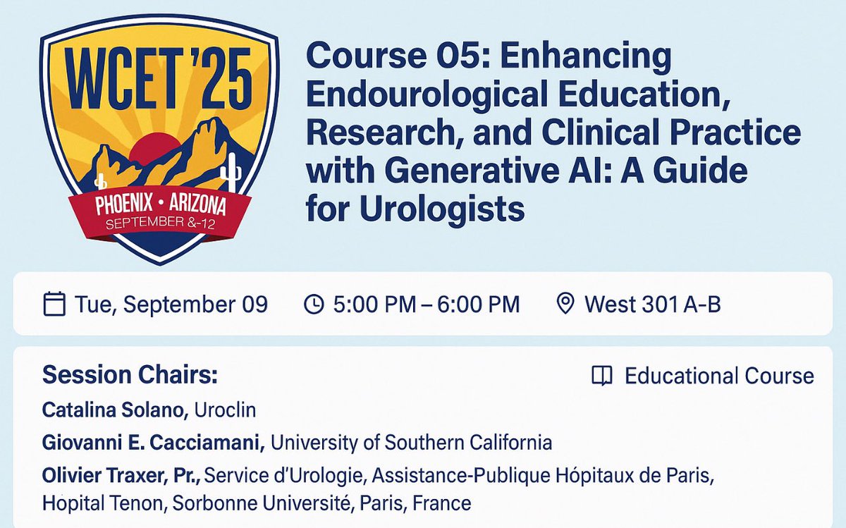 The future of urology is here! Discover how Generative AI is transforming surgical training, research, and clinical decision-making.

This course at #WCET25 will give urologists practical tools and insights to integrate AI into everyday practice.

Be part of the conversation