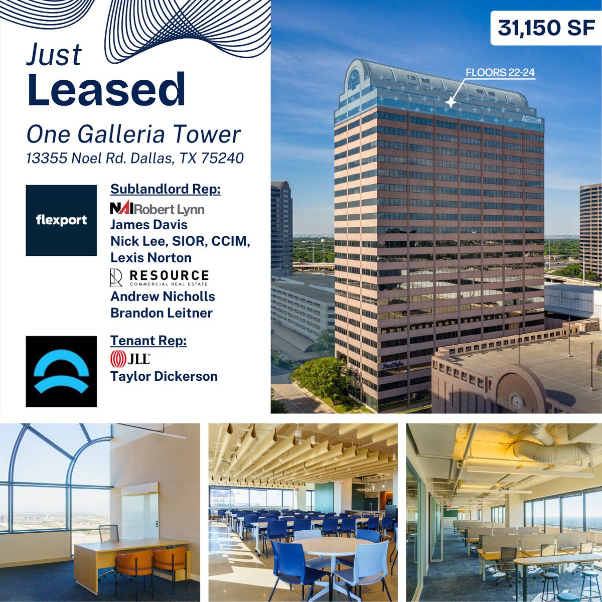 Congrats to Flexport &amp; Noetic on a smooth sublease at One Galleria Tower!

James Davis, Nick Lee, SIOR, CCIM &amp; Lexis Norton of NAI Robert Lynn, with Resource’s Andrew Nicholls &amp; Brandon Leitner, repped Flexport, and Taylor Dickerson of JLL brought tenant Noetic.
