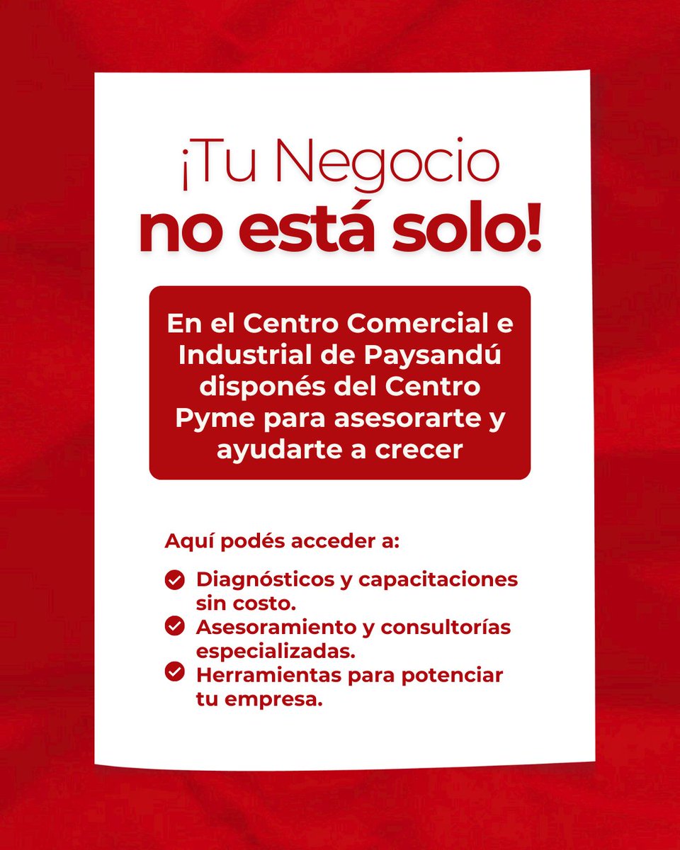 CCIPaysandu's tweet photo. ¿Sabías que en la sede del Centro Comercial funciona el Centro Pyme?
Aquí podés acceder a
✔️Diagnósticos y capacitaciones sin costo
✔️Asesoramiento y consultorías especializadas
✔️Herramientas para potenciar tu empresa

📍Florida 983
Acercate y hacé crecer tu negocio con nosotros https://t.co/YDBAp2AKbj