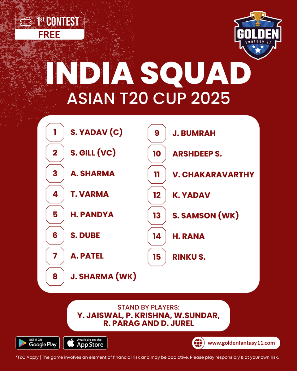 GoldenFantasyXI's tweet photo. The wait is over! 🇮🇳🔥
Here’s Team India’s squad for the Asian T20 Cup 2025.

Download The App Now: https://t.co/ZbUFTC63YN

#GoldenFantasy #AsiaCup2025 #AsianT20Cup #TeamIndia #IndiaSquad #CricketIndia #IndianCricket #FantasyCricket #FantasySports #PlayFantasyCricket #India https://t.co/TejlDDLohR