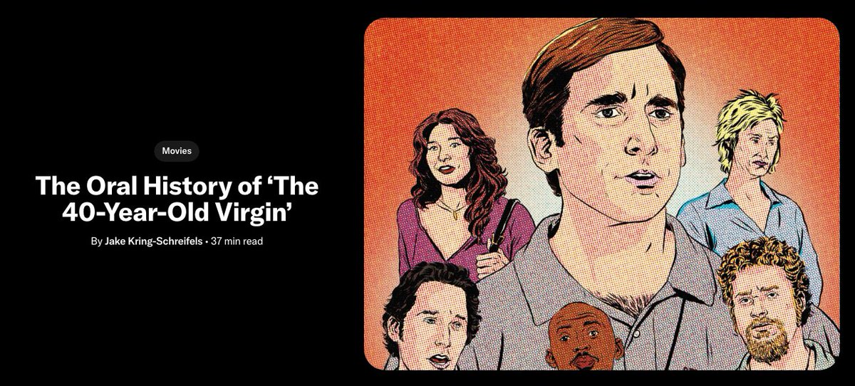 jakeks19's tweet photo. THE 40-YEAR-OLD VIRGIN is officially 20 years old!!

I spoke to Steve Carell, Judd Apatow, Seth Rogen, Catherine Keener, and many more for an oral history about the raunchy, improvisational studio comedy that birthed a new era for the genre. 

My latest for @ringer (link below): https://t.co/9lWEjlP3Sk