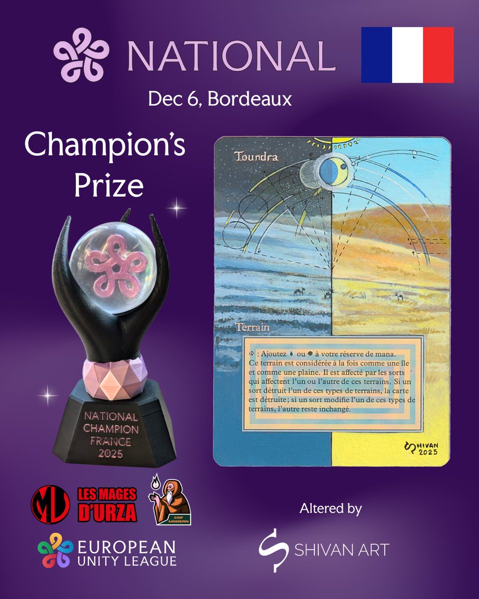 European Unity League (@unityleaguemtg) on Twitter photo 🇫🇷 EUL National Champion’s prize 🏆
A FWB Tundra 🃏 altered by <a href="/ShivanArt/">ShivanArt🔜TBA👀</a> 🎨 and a custom trophy 🖤
📅 06.12
📍 Bordeaux, by Les mages d'Urza
🔗 unityleague.gg/events/12959/ 🇫🇷 EUL National Champion’s prize 🏆
A FWB Tundra 🃏 altered by <a href="/ShivanArt/">ShivanArt🔜TBA👀</a> 🎨 and a custom trophy 🖤
📅 06.12
📍 Bordeaux, by Les mages d'Urza
🔗 unityleague.gg/events/12959/