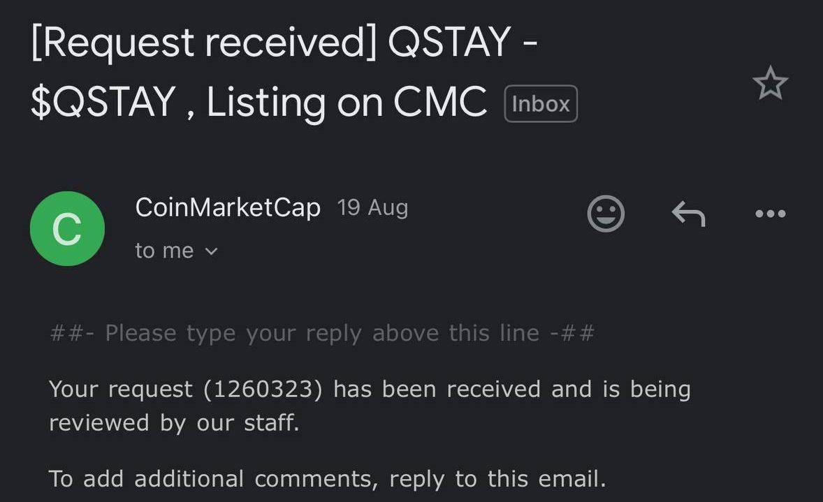 StayQstayCom's tweet photo. We are pleased to announce we have applied for a @CoinMarketCap listing. Reference number - 1260323 https://t.co/Ddff108LYy