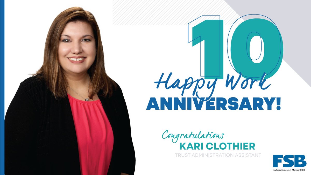 Today we celebrate Kari’s 10th anniversary with FSB. As our Trust Administrative Assistant, Kari’s dedication and attention to detail help our clients feel confident and supported every day. Thank you, Kari, for a decade of hard work and commitment to our team and community.