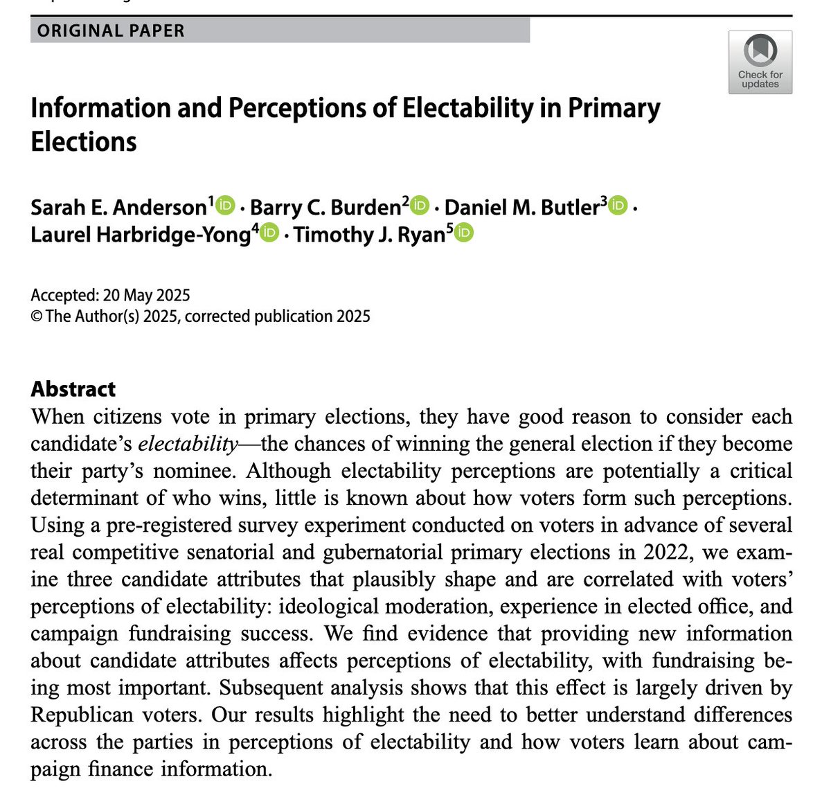 Barry Burden (@bcburden) on Twitter photo Our new <a href="/PolBehavior/">Political Behavior</a> article uses survey experiments in real state primaries to show that perceptions of candidate electability are boosted by moderating among Democrats and by fundraising among Republicans link.springer.com/article/10.100… Our new <a href="/PolBehavior/">Political Behavior</a> article uses survey experiments in real state primaries to show that perceptions of candidate electability are boosted by moderating among Democrats and by fundraising among Republicans link.springer.com/article/10.100…