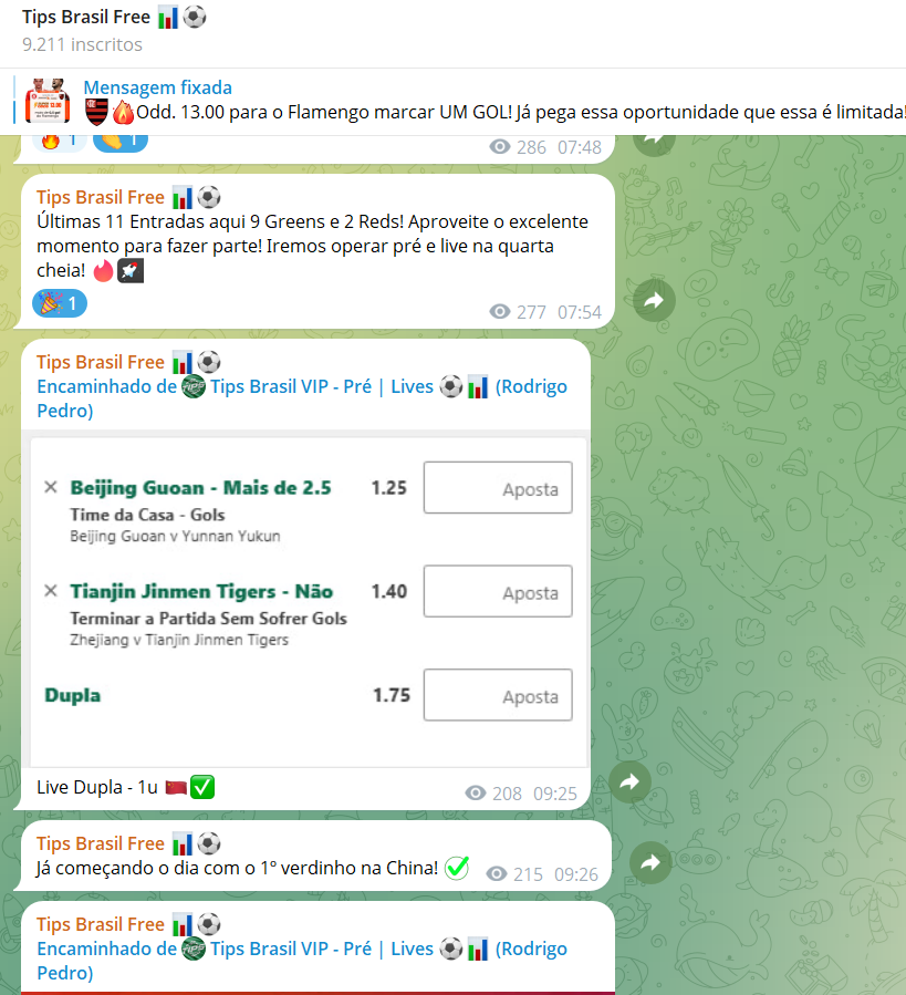 Queria China já começou como é de costume. Duas tips e 2 greens. Excelente momento nosso lá no canais.. 🇨🇳🔥

Quarta-feira cheia com bastantes oportunidades para buscarmos.. 🫡🚀

🔗t.me/Tipsbrasilofic…