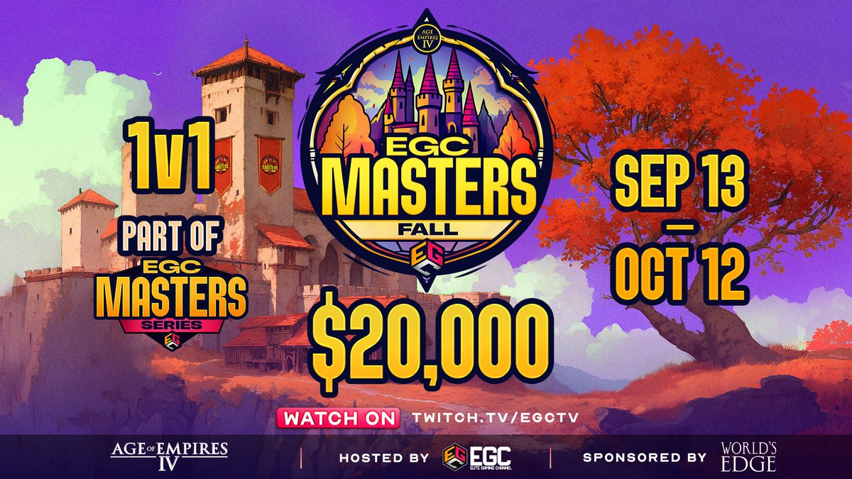 Elite Gaming Channel (@egctv_official) on Twitter photo Prepare yourselves for the $20,000 EGC Masters Fall in <a href="/AgeOfEmpires/">Age of Empires</a> IV!
📅September 13–October 12
💰$20,000
⚔️GSL-style group stage + double-elimination playoffs 🥇Win a direct seat to the EGC Masters Finals
Sign up now at forms.gle/4q7HBtfD9JVTU7… Prepare yourselves for the $20,000 EGC Masters Fall in <a href="/AgeOfEmpires/">Age of Empires</a> IV!
📅September 13–October 12
💰$20,000
⚔️GSL-style group stage + double-elimination playoffs 🥇Win a direct seat to the EGC Masters Finals
Sign up now at forms.gle/4q7HBtfD9JVTU7…