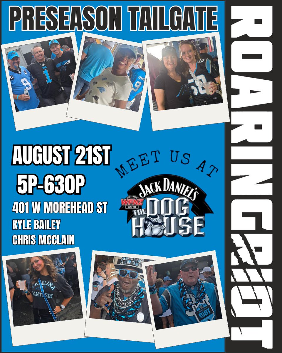 Roaring Riot (@roaringriot) on Twitter photo Tomorrow, our Panthers take on the Steelers for their last preseason game. We'll be pregaming with our friends <a href="/macwfnz/">Chris McClain</a> and <a href="/KyleBaileyClub/">Kyle Bailey</a> at the WFNZ Doghouse. What are y'all wanting to see from the backups? 👇give us your surpise makes and cuts Tomorrow, our Panthers take on the Steelers for their last preseason game. We'll be pregaming with our friends <a href="/macwfnz/">Chris McClain</a> and <a href="/KyleBaileyClub/">Kyle Bailey</a> at the WFNZ Doghouse. What are y'all wanting to see from the backups? 👇give us your surpise makes and cuts