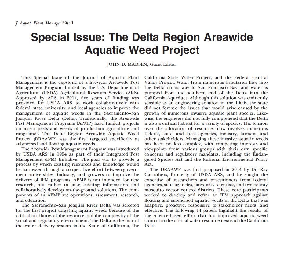 westapms's tweet image. It&apos;s #WayBackWednesday, &amp;amp; today we&apos;re featuring the special &quot;Delta Region Areawide Aquatic Weed Project&quot;, a special issue of the Journal of Aquatic Plant Management (vol 59, 2021).

Check it out 👉 apms.org/journal-all-is…

#WAPMS #California #aquaticplantmanagement #aquaticplants