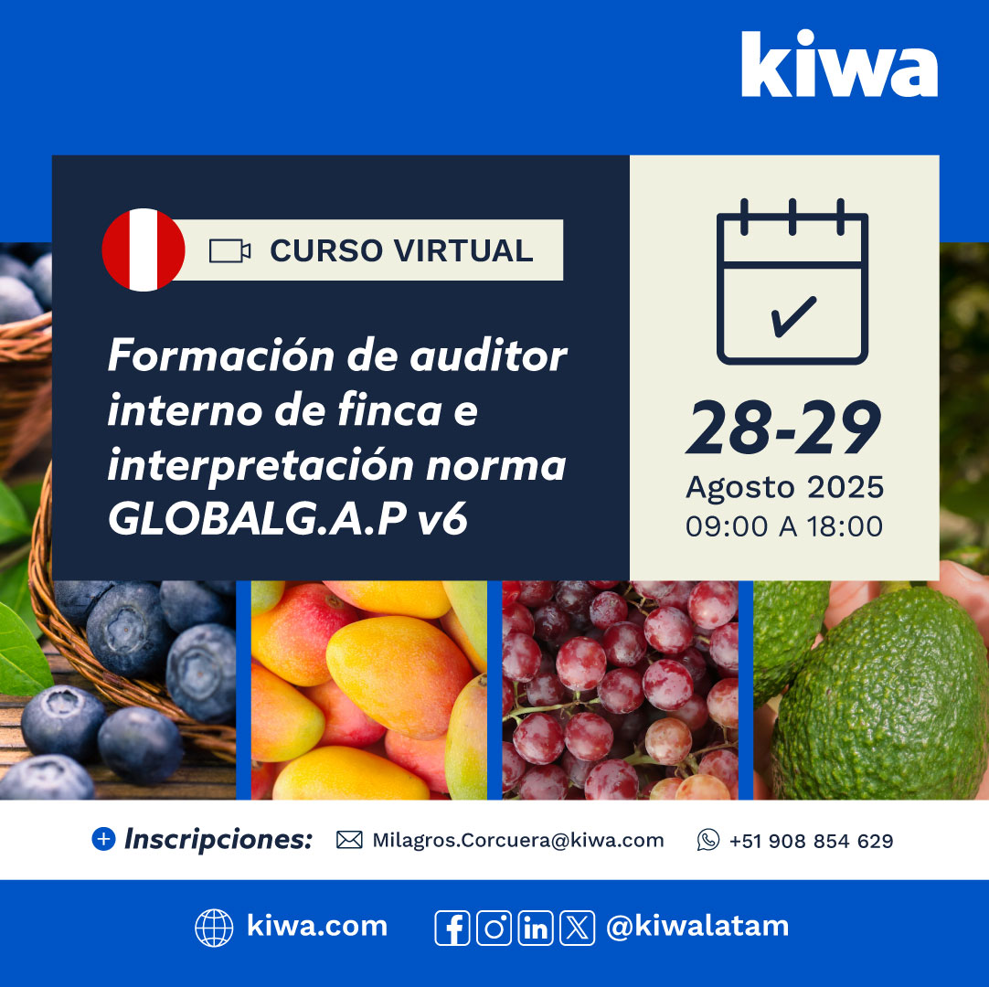 #KiwaAcademy 
Curso Virtual: Auditor Interno GLOBALG.A.P. v6

📚Aprende seguridad alimentaria, sostenibilidad ambiental y buenas prácticas agrícolas

📅 28-29 agosto 2025 | 09:00-18:00 
📧 Milagros.Corcuera@kiwa.com📲 908-854-629 

#GLOBALGAP #AuditorInterno #KiwaLatAm #Perú