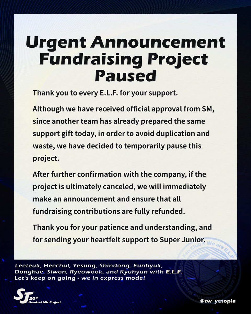 Announcement: Fundraising Project Paused

Although we have received official approval from SM, since another team has already prepared the same support gift today, in order to avoid duplication and waste, we have decided to temporarily pause this project.

#SuperJunior
