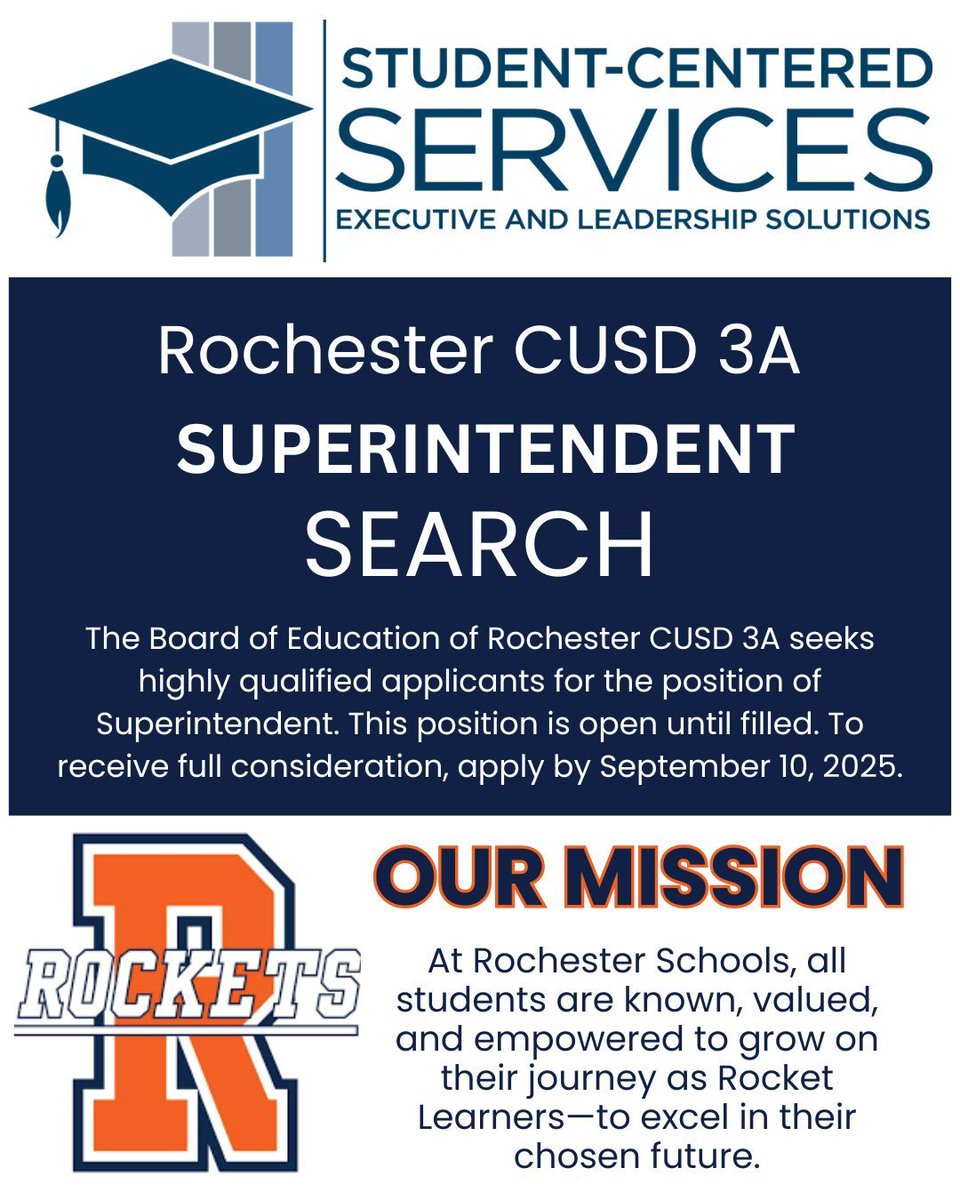 Rochester CUSD 3A seeks a visible, collaborative leader to guide the district forward. In partnership with Student-Centered Services, we invite applications for this role through Sept. 10. Learn more &amp; apply: tinyurl.com/RCUSD3Brochure