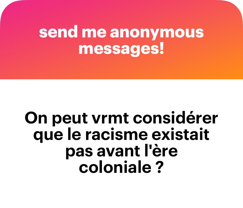 Bad Socio (@bad_sociol0gist) on Twitter photo C'est factuel. Y avait pas de système d'exploitation basé sur une categorisation raciale héréditaire à la base de l'économie politique et de l'organisation sociale (encore moins à l'échelle globale) avant l'époque coloniale. C'est factuel. Y avait pas de système d'exploitation basé sur une categorisation raciale héréditaire à la base de l'économie politique et de l'organisation sociale (encore moins à l'échelle globale) avant l'époque coloniale.
