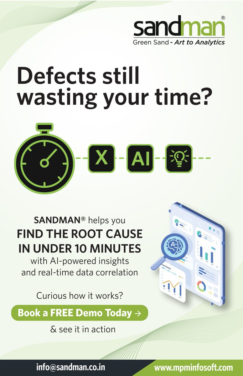 mpmsandman's tweet image. ⏱️ Find casting defect root causes within 10 mins
✅ Real-time insights
✅ AI-powered analysis
✅ Quick sand-related defect detection
 Book your FREE demo now: info@sandman.co.in
#SandmanSoftware #CastingDefects #AIinManufacturing #RootCauseAnalysis #FreeDemo  #MPMInfosoft