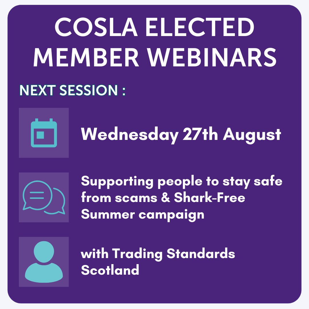 COSLA (@cosla) on Twitter photo 📅Councillors in Scotland are invited to join us on 27th August for our next Councillor Webinar.
Cllr Maureen Chalmers & <a href="/TSScot/">TradingStandardsScot</a> will discuss findings from the Big Scottish Scams Survey & key issues affecting consumers.
Find out more & register🔗bit.ly/47JBqga 📅Councillors in Scotland are invited to join us on 27th August for our next Councillor Webinar.
Cllr Maureen Chalmers & <a href="/TSScot/">TradingStandardsScot</a> will discuss findings from the Big Scottish Scams Survey & key issues affecting consumers.
Find out more & register🔗bit.ly/47JBqga