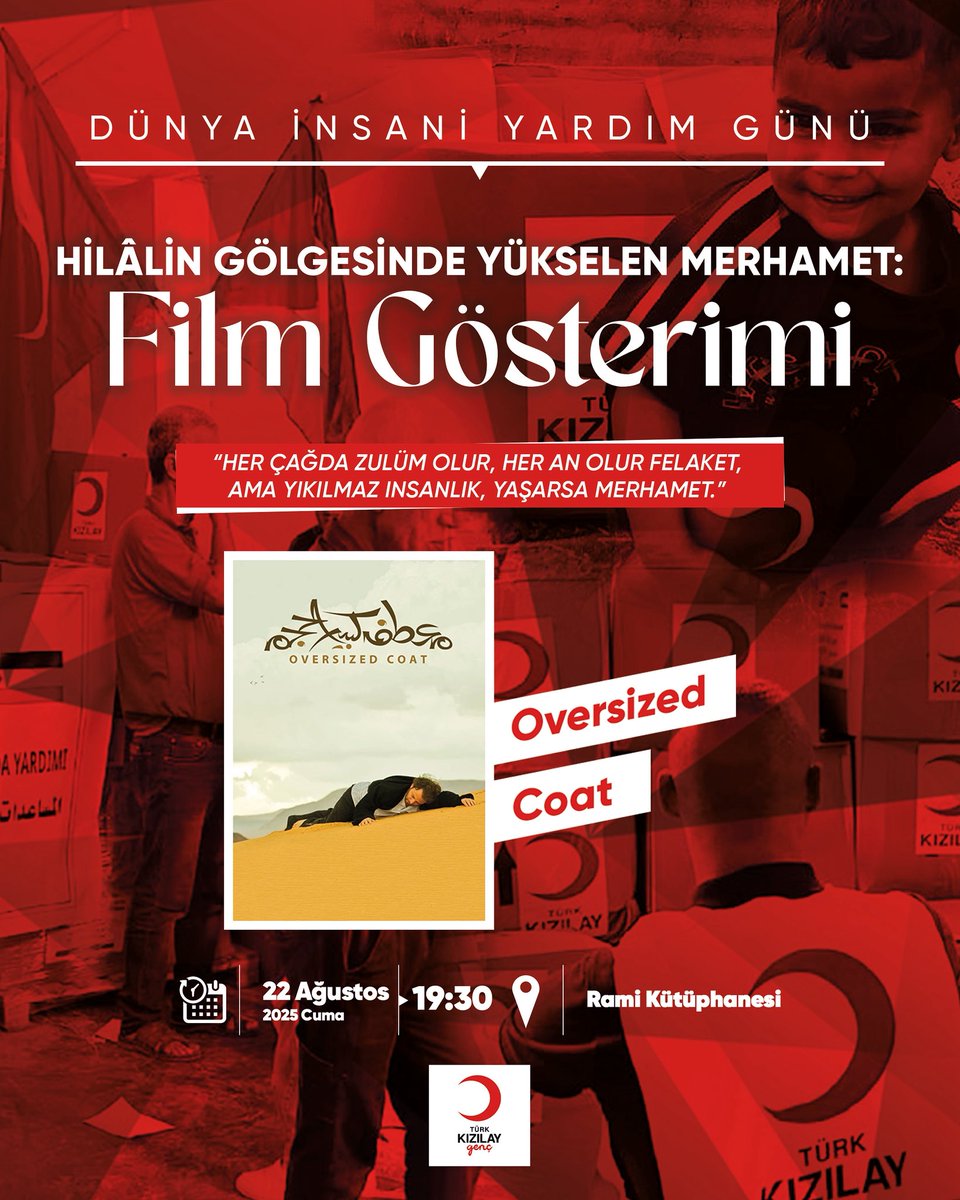 Dünya İnsani Yardım Günü kapsamında, iyiliğin ve dayanışmanın sanatla buluştuğu özel bir etkinlikte sizleri ağırlıyoruz.

📸 Fotoğraf sergisiyle sahadaki insani hikâyelere tanıklık edecek,
🎙 Söyleşilerle farklı bakış açılarını dinleyecek,
🎞 Büyük Gelen Palto (Oversized Coat)