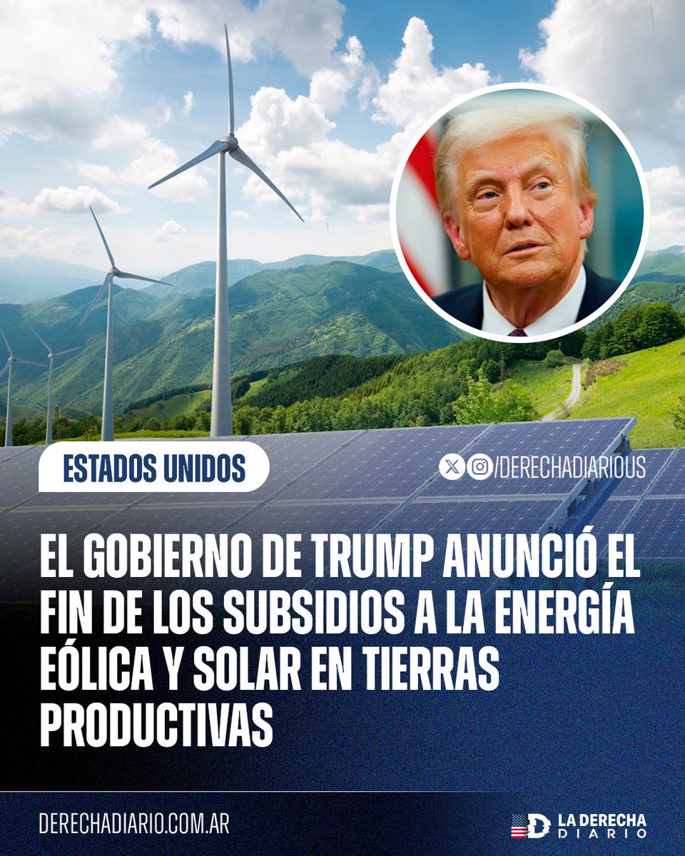 🚨🇺🇸 | La secretaria de Agricultura de Trump anunció el fin de los subsidios federales para proyectos de paneles solares y molinos de viento en tierras productivas: Trump los calificó de “carísimos, poco fiables y dependientes de China”.