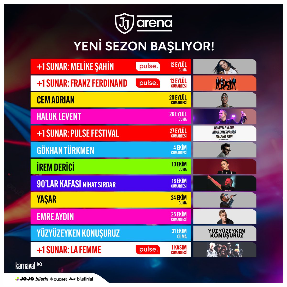 Yeni sezona hazır mısınız? 🙌🏻⁣
Yıldız isimler, unutulmaz konserler, enerjisi yüksek ve müzik dolu anlarda iz bırakmak için biz çok hazırız!⁣ 
🎫Biletler: jly.at/471zb7T
