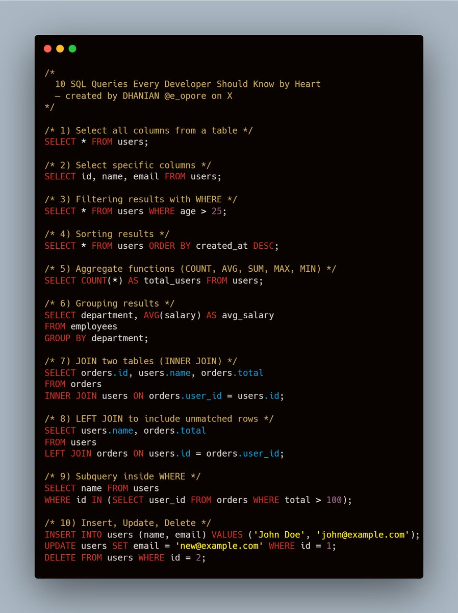 e_opore's tweet image. 10 SQL Queries Every Developer Should Know by Heart.
Get my full SQL learning guide here → codewithdhanian.gumroad.com/l/ohisv