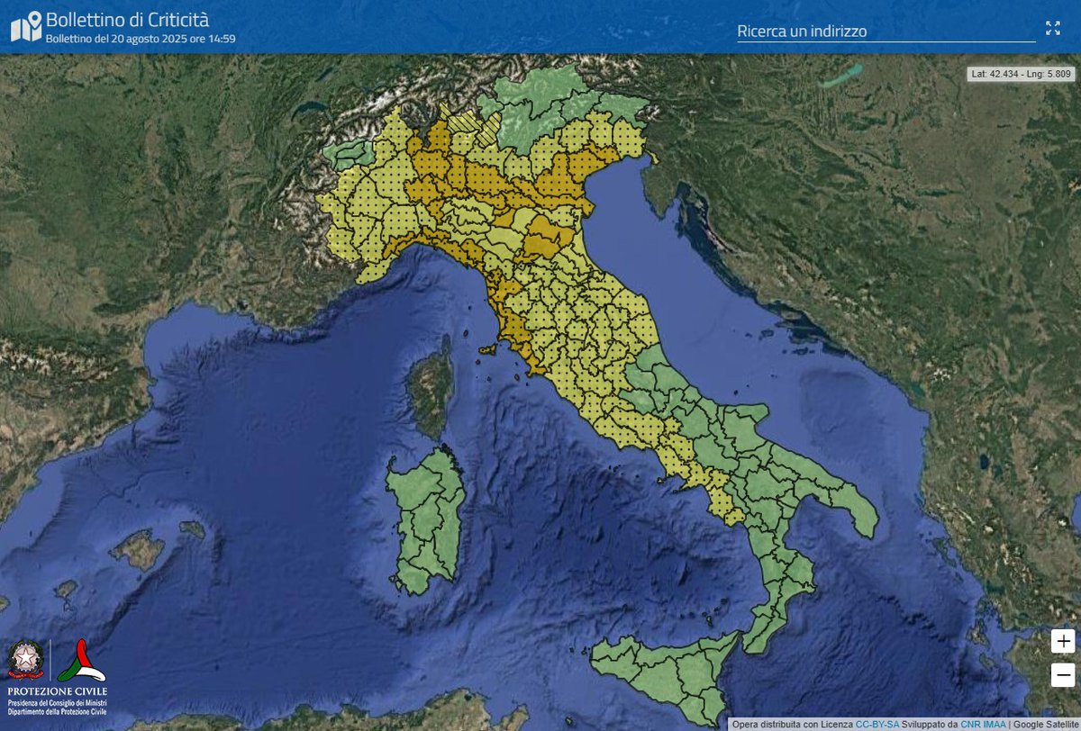 🌧⛈ Ancora piogge e temporali dal Nord al Centro-Sud
🔔🟠#allertaARANCIONE meteo-idro oggi e domani, giovedì #21agosto, in 5 regioni del Centro-Nord 
🔔🟡#allertaGIALLA domani, #21agosto, in 12 regioni.
🔎Leggi l’avviso del #20agosto 👉 bit.ly/20Ago25Avviso
#protezionecivile