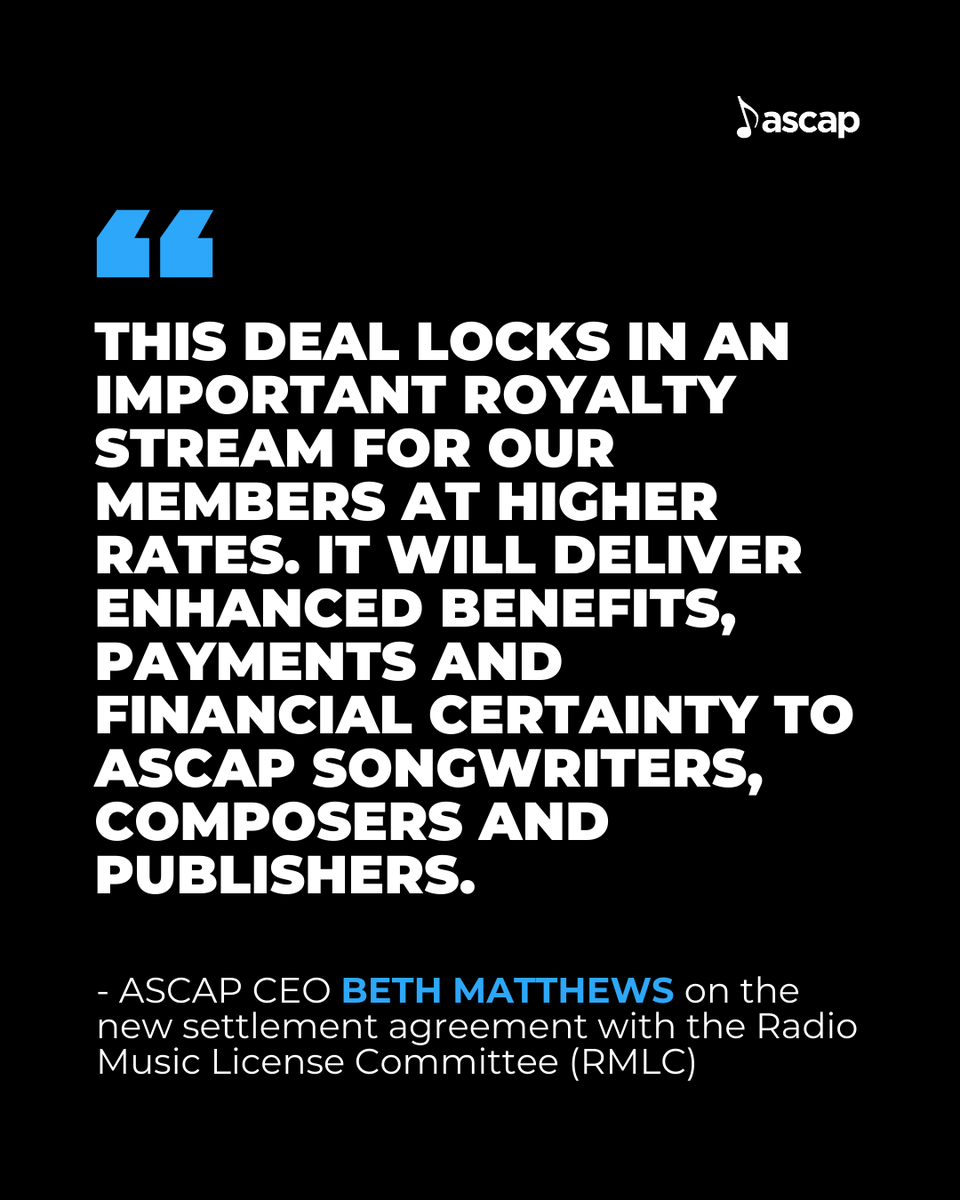 ASCAP announces a new settlement agreement with the Radio Music License Committee (RMLC) securing higher rates for its 1M+ members: go.ascap.com/41KSTRG.
