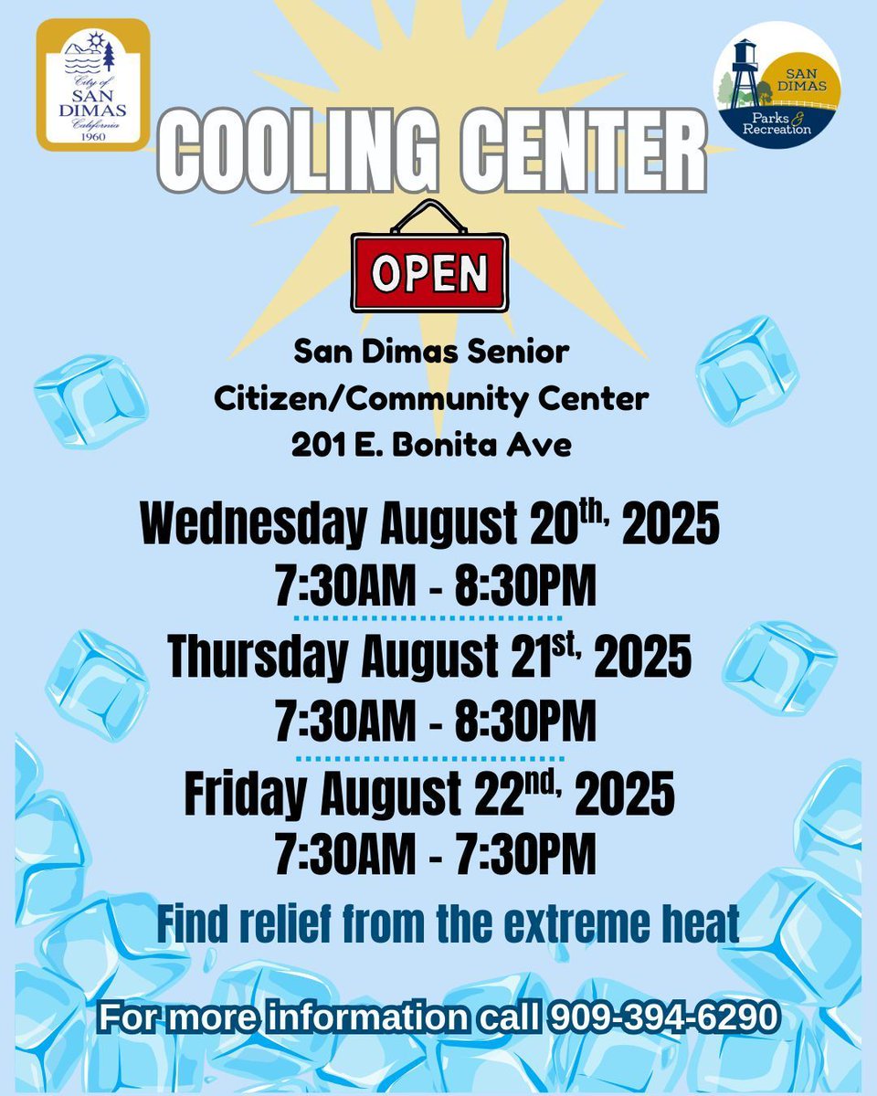 cityofsandimas's tweet photo. 🌞 Cooling Center Open ❄️
San Dimas Senior/Community Center (201 E. Bonita Ave)

📅 Aug 20–22, 2025
🕢 Wed–Thu: 7:30 AM–8:30 PM | Fri: 7:30 AM–7:30 PM

💧 Cool down, rest &amp; stay hydrated!
📞 Info: (909) 394-6290 https://t.co/Yc0goU8Ue5