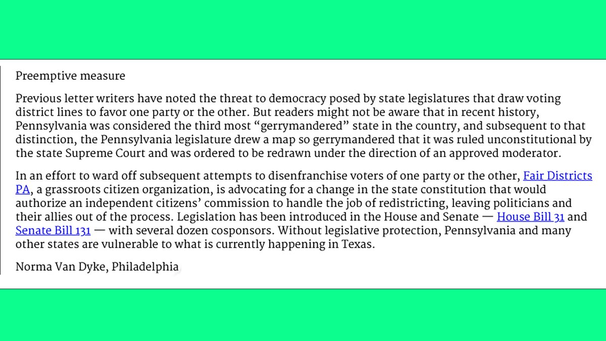 A letter to the editor in today's Phila. Inquirer reminds us how bad #gerrymandering used to be in PA - and how bad it could be again if we don't fix the system.
#NotRedNotBlueJustFair