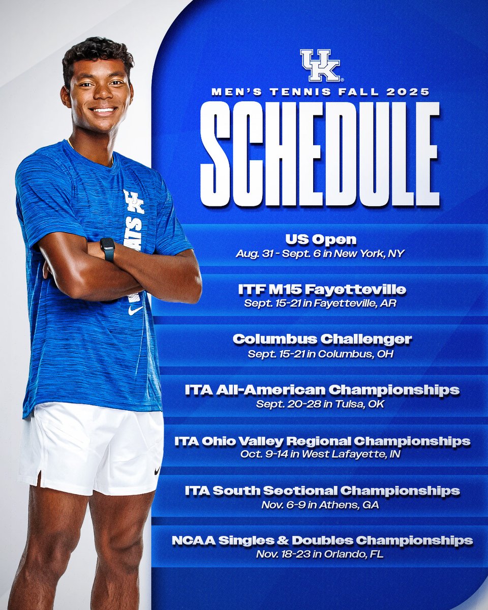UKMensTennis's tweet photo. Fall tennis is just around the corner! 🍂🎾

Check out where the Cats will be competing during the first half of the season!

#WeAreUK https://t.co/o01G1QM35A