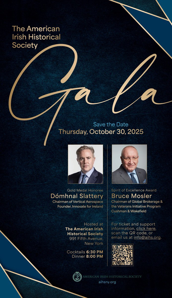 Maura Kelly (@maurakellymedia) on Twitter photo Coming soon: The <a href="/AIHSNYC/">American Irish Historical Society</a> Gala returns in October to 991 Fifth Avenue. Honoring Dómhnal Slattery with the Gold Medal & Bruce Mosler with the Spirit of Excellence Award. Tickets & VIP Packages: aihsny.org/annual-gala Coming soon: The <a href="/AIHSNYC/">American Irish Historical Society</a> Gala returns in October to 991 Fifth Avenue. Honoring Dómhnal Slattery with the Gold Medal & Bruce Mosler with the Spirit of Excellence Award. Tickets & VIP Packages: aihsny.org/annual-gala