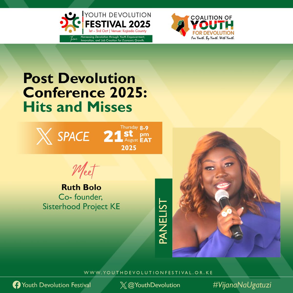 Meet our second Panelist  <a href="/ruth_bolo/">Ruth Bolo</a> a passionate voice in Governance, Democracy and Women Leadership. She'll part of our X Space to unpack the Hits and misses from #DevCon2025
Dont miss, Set your reminder now.

##VijanaNaUgatuzi #YDF2025 #TwendeKajiado