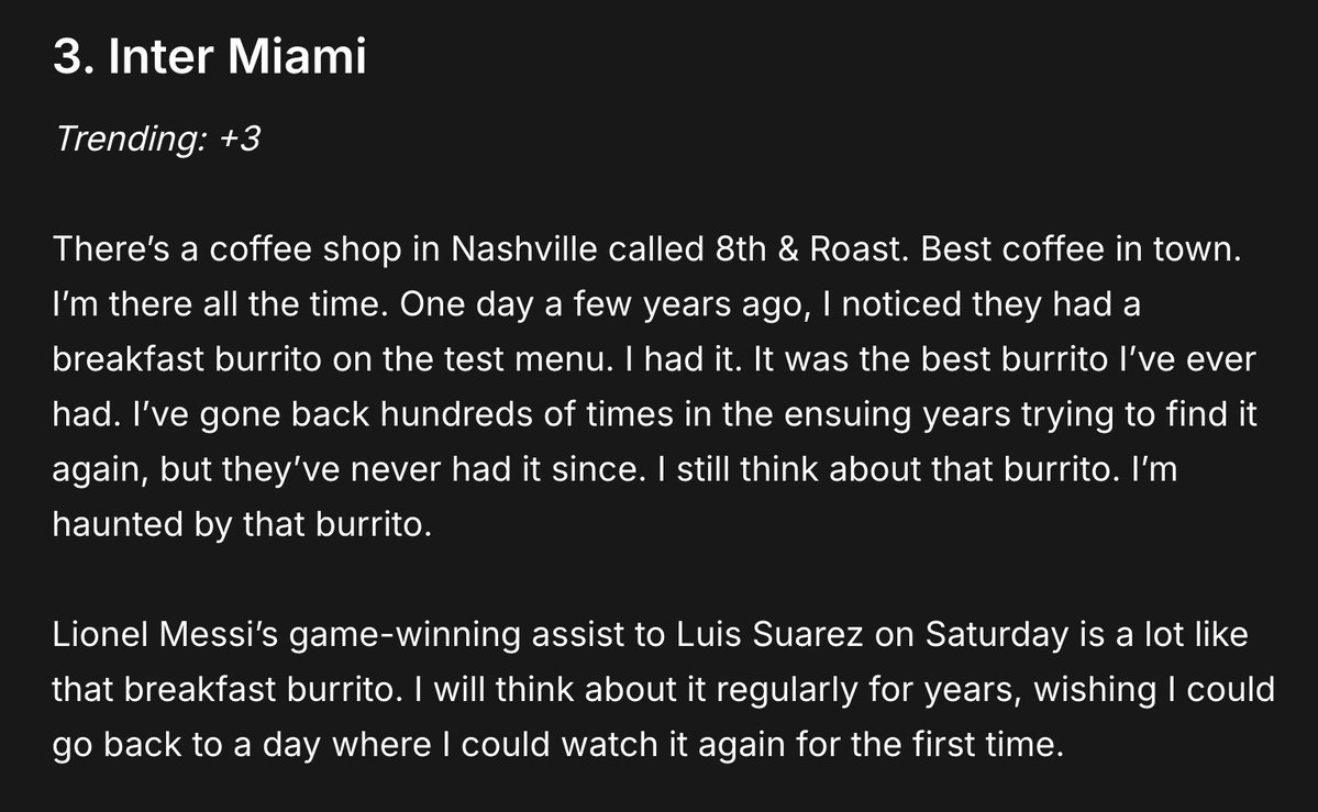 Ben Wright (@benwright) on Twitter photo Another round of <a href="/Backheeled/">Backheeled</a> in-depth power rankings from me and <a href="/joeclowery/">Joseph Lowery</a>.
From the East:
🟣 Are Orlando the best team in MLS?
🟡 Nashville are slipping
🔴 Zinckernagel's on track for Chicago history
🦩 Why Messi's assist is like a breakfast burrito
backheeled.com/mls-in-depth-p… Another round of <a href="/Backheeled/">Backheeled</a> in-depth power rankings from me and <a href="/joeclowery/">Joseph Lowery</a>.
From the East:
🟣 Are Orlando the best team in MLS?
🟡 Nashville are slipping
🔴 Zinckernagel's on track for Chicago history
🦩 Why Messi's assist is like a breakfast burrito
backheeled.com/mls-in-depth-p…