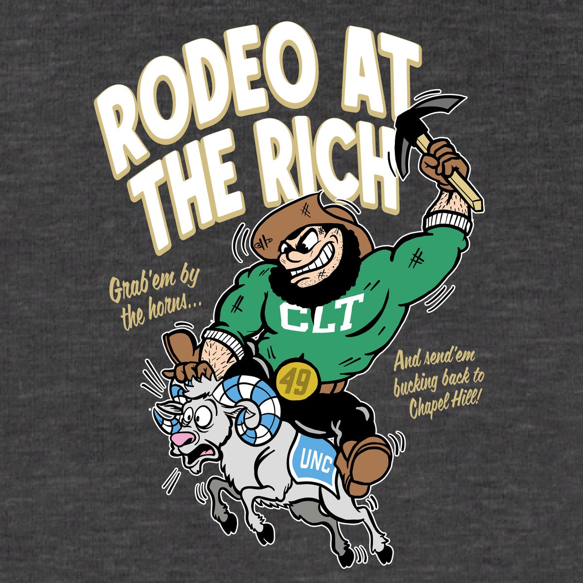Fratetastic's tweet photo. Who's ready to grab the ram by the horns?

My new illustration to celebrate Charlotte taking on UNC at home! It features a retro cartoon version of Norm riding UNC's ram rodeo style! 

Shop: https://t.co/80ZynWutfZ
#ninernation #goldstandard #beatunc #charlotte49ers #picksup https://t.co/8b4PRUhd9q