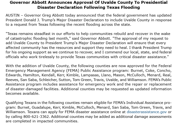 GregAbbott_TX's tweet photo. Today, Uvalde County was added to President Trump’s Major Disaster Declaration at my request.

This unlocks more federal aid Texans need to rebuild.

Texas stands strong with every family and community working to rebuild and recover from devastating floods. https://t.co/SA7azyerYE