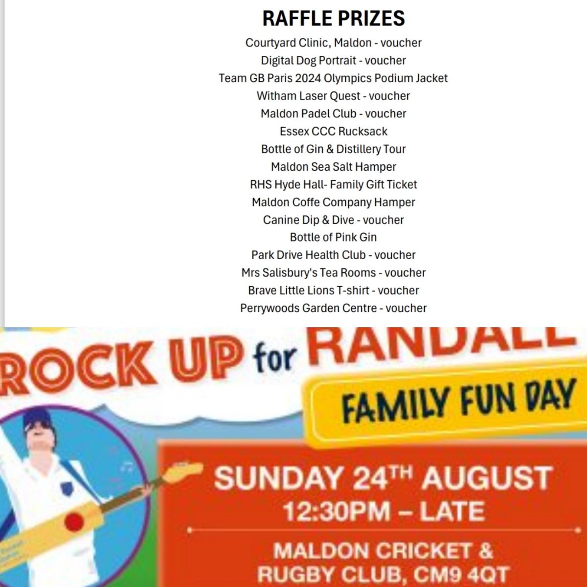 Great selection of raffle prizes to be won this Sunday.

Buy tickets on the day.

All procceds will go towards the DRF's "Good Days" program - for people living in Essex with life limiting conditions.

Please support if you can.

#charity