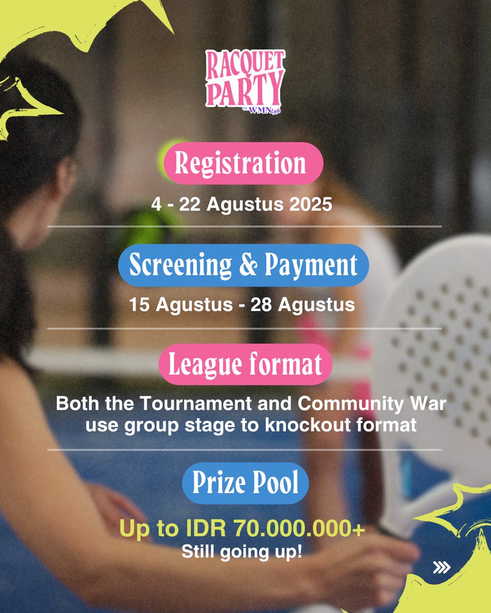 noice_id's tweet photo. Helooo Paranoice! Mince mau kasih tau… registration Racquet Party is still open ya🩷💛

Kalian bisa langsung scan QR atau cek ke linktree di bio Instagram @wmnlyfe 🤩 https://t.co/M2JREl3N6W