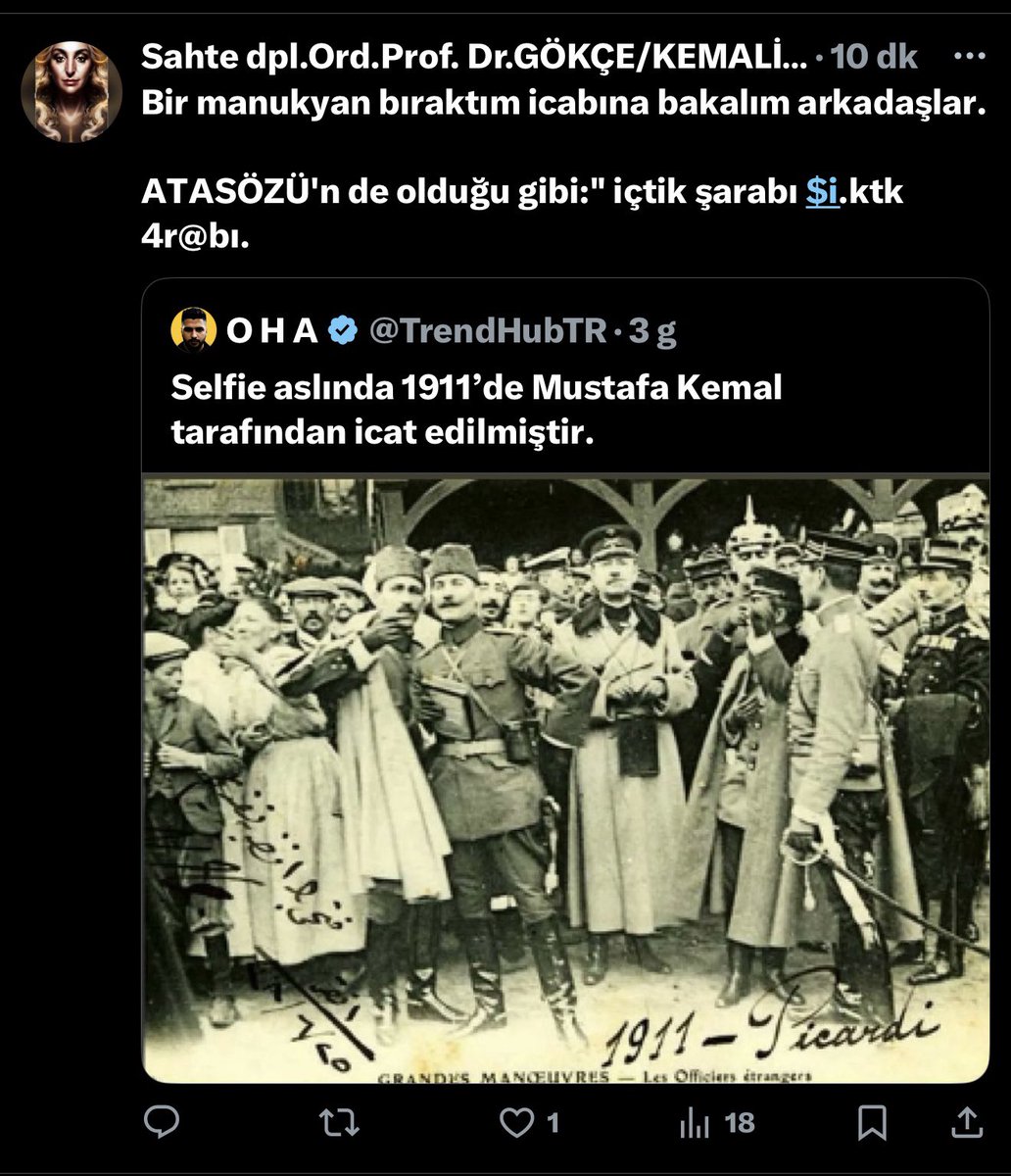 TrendHub Türkiye (@trendhubtr) on Twitter photo Ataniz şarap içerken millet sefalet içindeydi, farkı orada arayın ;) sen hâlâ put seviciliğiyle avunuyorsun. O yüzden fazla kasma, tarih seni zaten çoktan tokatlamış. <a href="/bizturkuz_g/">Sahte dpl.Ord.Prof. Dr.GÖKÇE/KEMALİST/🇹🇷🇩🇪🇦🇿</a> Ataniz şarap içerken millet sefalet içindeydi, farkı orada arayın ;) sen hâlâ put seviciliğiyle avunuyorsun. O yüzden fazla kasma, tarih seni zaten çoktan tokatlamış. <a href="/bizturkuz_g/">Sahte dpl.Ord.Prof. Dr.GÖKÇE/KEMALİST/🇹🇷🇩🇪🇦🇿</a>