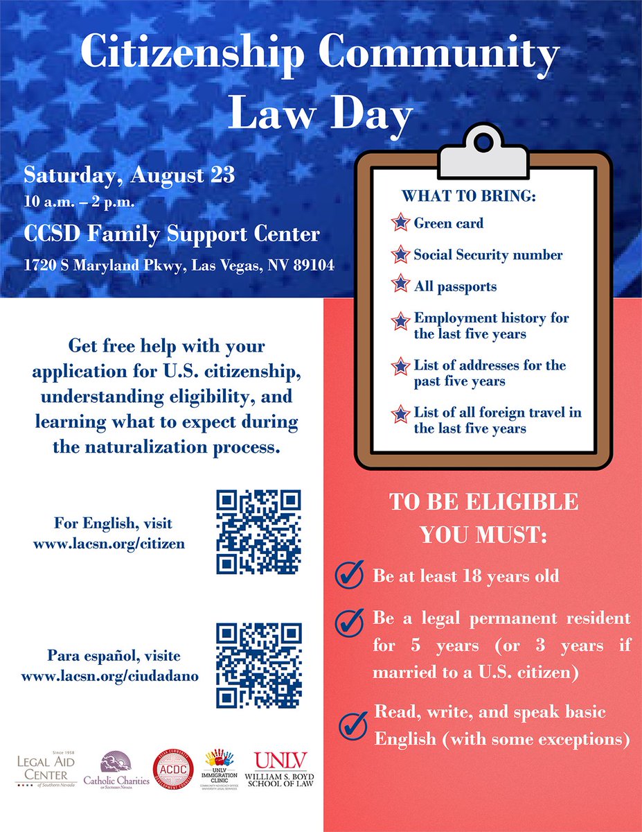 Legal Aid Center (@legalaidsnv) on Twitter photo ¿Necesita ayuda para solicitar la ciudadanía estadounidense? Acompáñenos el sábado para recibir ayuda de nuestros profesionales de inmigración, <a href="/CathCharitiesNV/">Catholic Charities of Southern Nevada</a>, <a href="/ACDCNV/">ACDC</a>, <a href="/UNLVImmigration/">UNLV Immigration Clinic</a> y <a href="/BoydLawUNLV/">William S. Boyd School of Law at UNLV</a>. Visite lacsn.org/ciudadano para obtener más información y registrarse. ¿Necesita ayuda para solicitar la ciudadanía estadounidense? Acompáñenos el sábado para recibir ayuda de nuestros profesionales de inmigración, <a href="/CathCharitiesNV/">Catholic Charities of Southern Nevada</a>, <a href="/ACDCNV/">ACDC</a>, <a href="/UNLVImmigration/">UNLV Immigration Clinic</a> y <a href="/BoydLawUNLV/">William S. Boyd School of Law at UNLV</a>. Visite lacsn.org/ciudadano para obtener más información y registrarse.