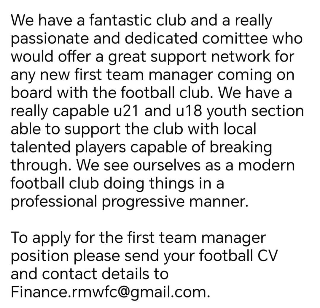 Rainworth MWFC (@rainworthmwfc) on Twitter photo Job Vacancy - First team Manager
To apply please email your footballing CV Finance.rmwfc@gmail.com. Job Vacancy - First team Manager
To apply please email your footballing CV Finance.rmwfc@gmail.com.