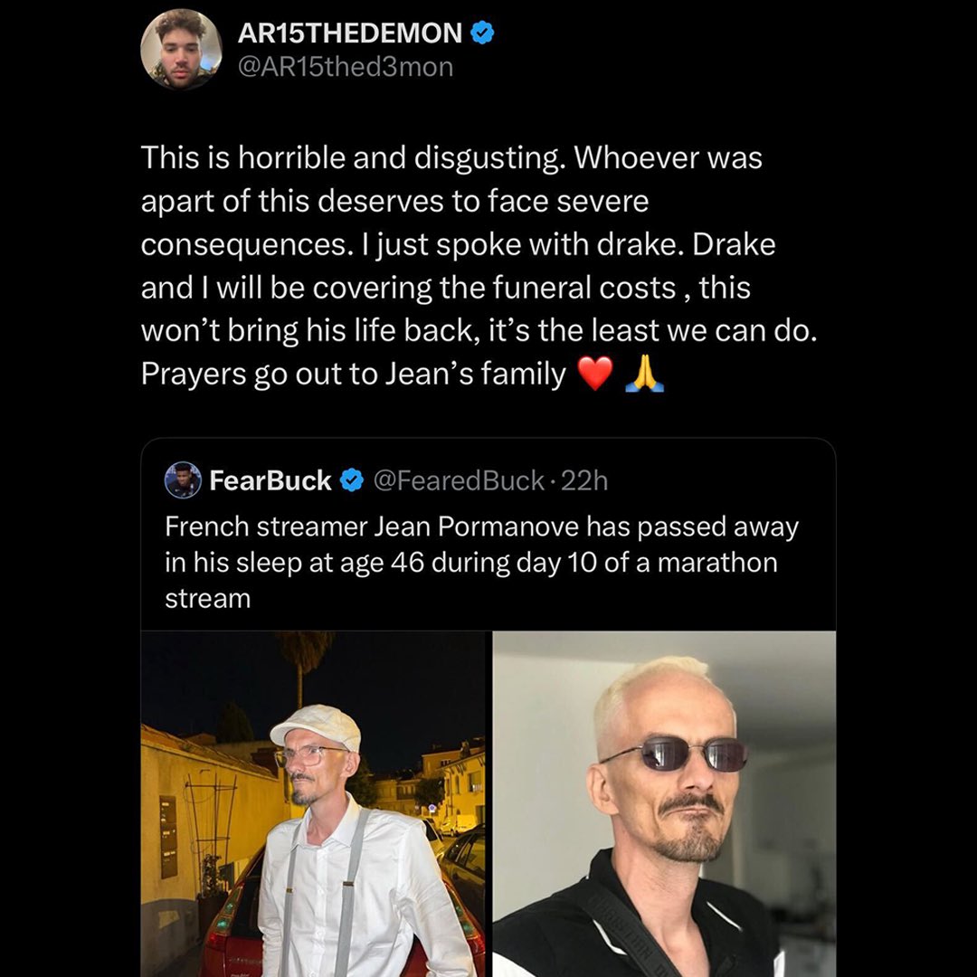HotNewHipHop's tweet photo. Adin Ross says he spoke with Drake about covering the funeral costs for the 46-year-old French streamer Jean Pormanove, who recently passed away in his sleep while on stream 🕊️ https://t.co/XK2hYMRur9