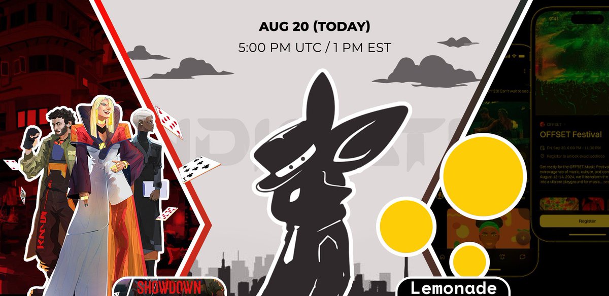 Our Syndispace - MegaMafia wtf (?) will start in 2 hours. 

Our incredible guests:

• @LemoadedApp 
• <a href="/Showdown_TCG/">Showdown</a> 
• <a href="/badlydrawnbarry/">barry</a> 

One ecosystem, different ways to build. 
MegaETH.

Set your reminders below 👇