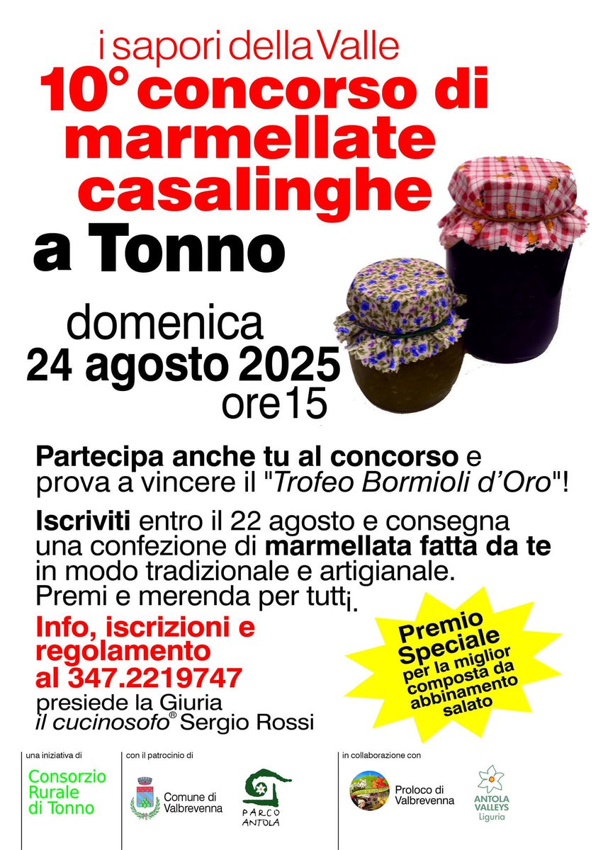Domenica 24 agosto ore 15  a Tonno #Valbrevenna  10° Concorso di marmellate casalinghe. <a href="/ValliAntola/">Valli dell'Antola</a> #lamialiguria gustosa