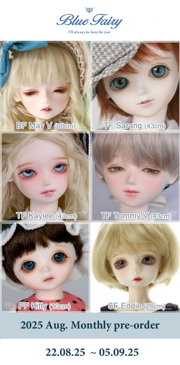 [Follow &amp; RT Event]  

* Aug's Monthly pre-order / 8월의 먼슬리 프리오더 

* BF May V / TF Sarang, Kaylee, Tommy V / SF Eddie / PF Kitty  

* Order period : Aug 22th ~ Sep 5th  

We give away '1 TF head' to 1 winner. 
당첨자 1분께 '1 TF head' 를 드립니다.