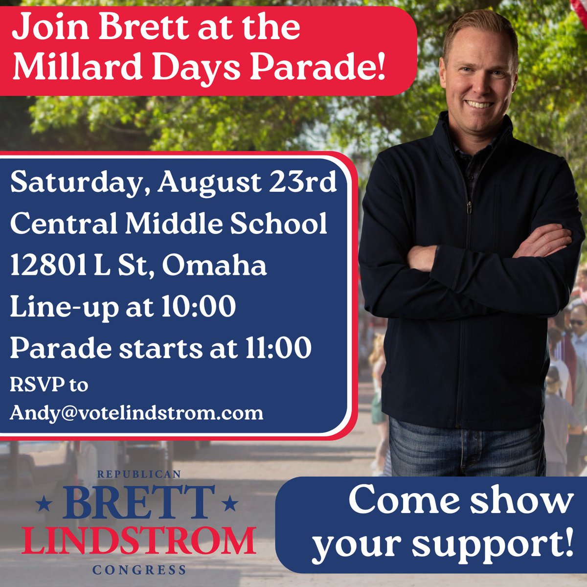 Join CD2 candidate Brett Lindstrom this weekend as he walks in the Millard and Waterloo parades! Show your support, meet the team, and connect with the community. Details in flyers attached.