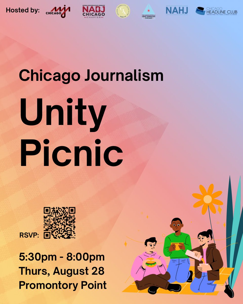 Chicago-area Journalists: Join us Thurs. Aug. 28 for the Chicago Journalism Unity Picnic! 

🧺5:30 – 8 p.m. at Promontory Point.
Organized by AAJA-Chicago, co-hosted with NABJ, NAHJ, and NLGJA!

RSVP ➡️ forms.gle/gA89jk8m25q9cc…