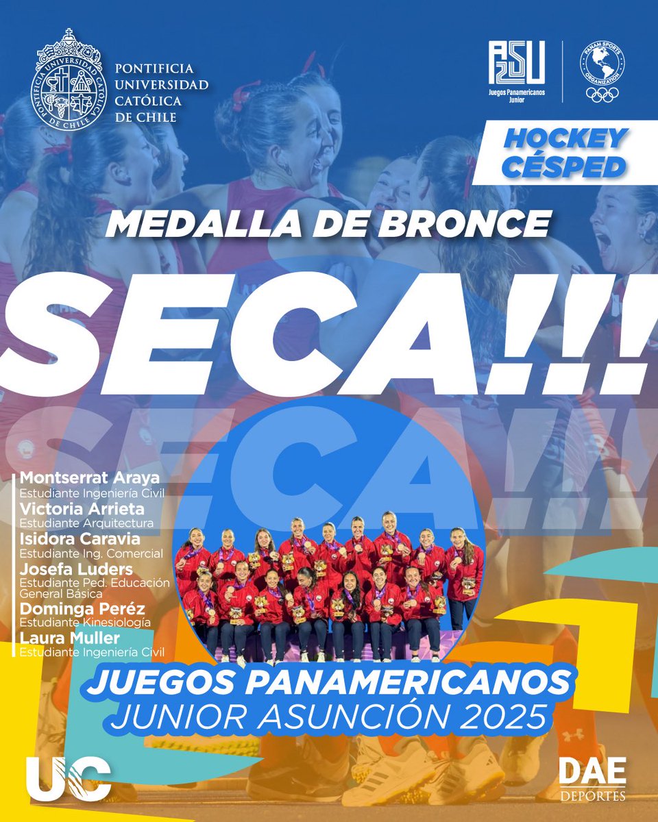Hockistas #UC se cuelgan un bronce con la selección nacional en los #PanamericanosJunior 👏🏻🥉

En la definición del 3er puesto, las chilenas se impusieron al combinado uruguayo (3-2) en “penales”, asegurando la presea n°37 para el Team #Chile 🇨🇱.

¡Gigantes! ¡Orgullo nacional! 👏🏻