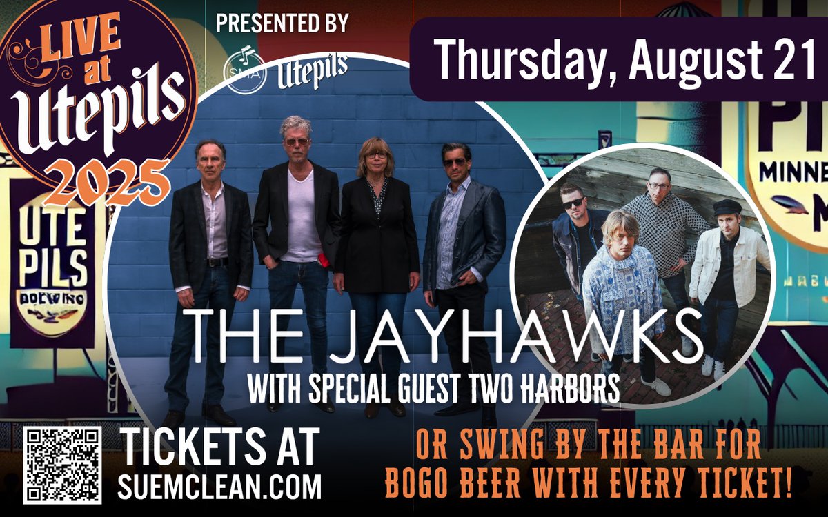The weather forecast for Thursday is great &amp; the music forecast is even better. Come join The Jayhawks &amp;
<a href="/TwoHarbors/">Two Harbors</a> for a splendid outdoor music experience on 8/21 at <a href="/UtepilsBrewing/">Utepils Brewing Co.</a> in Minneapolis.

Tix: bit.ly/3QH5EH6Jayhawks
Tour dates: bit.ly/JayhawksShows