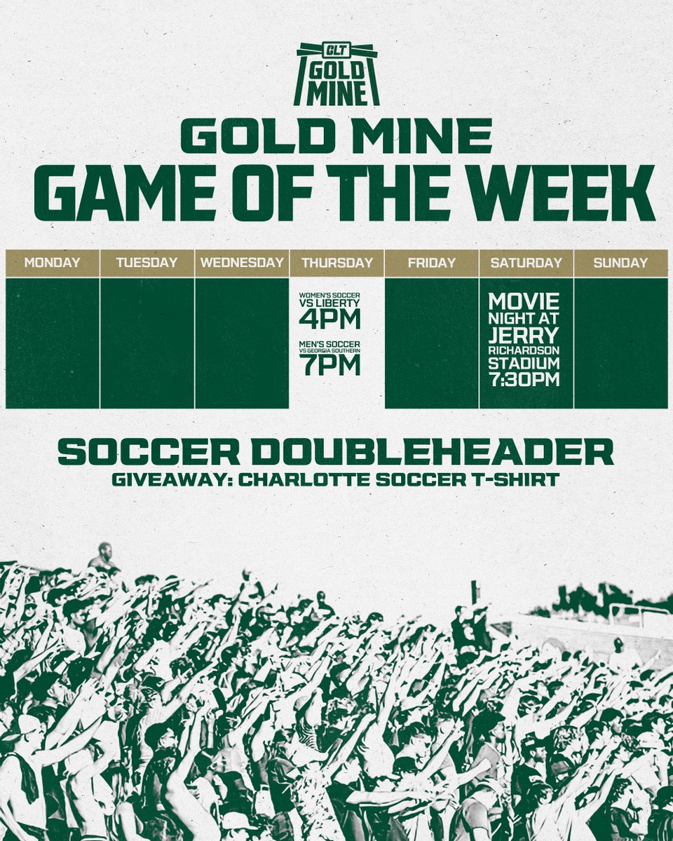 ⚽ Two games. One night. ALL the energy.
👟 Women’s Soccer vs Liberty | 4 PM
🔥 Men’s Soccer vs Georgia Southern | 7 PM
💛 Gold Mine Game of the Week + FREE Charlotte Soccer tee!

🎟️» clt49e.rs/25SocDoubleHea…