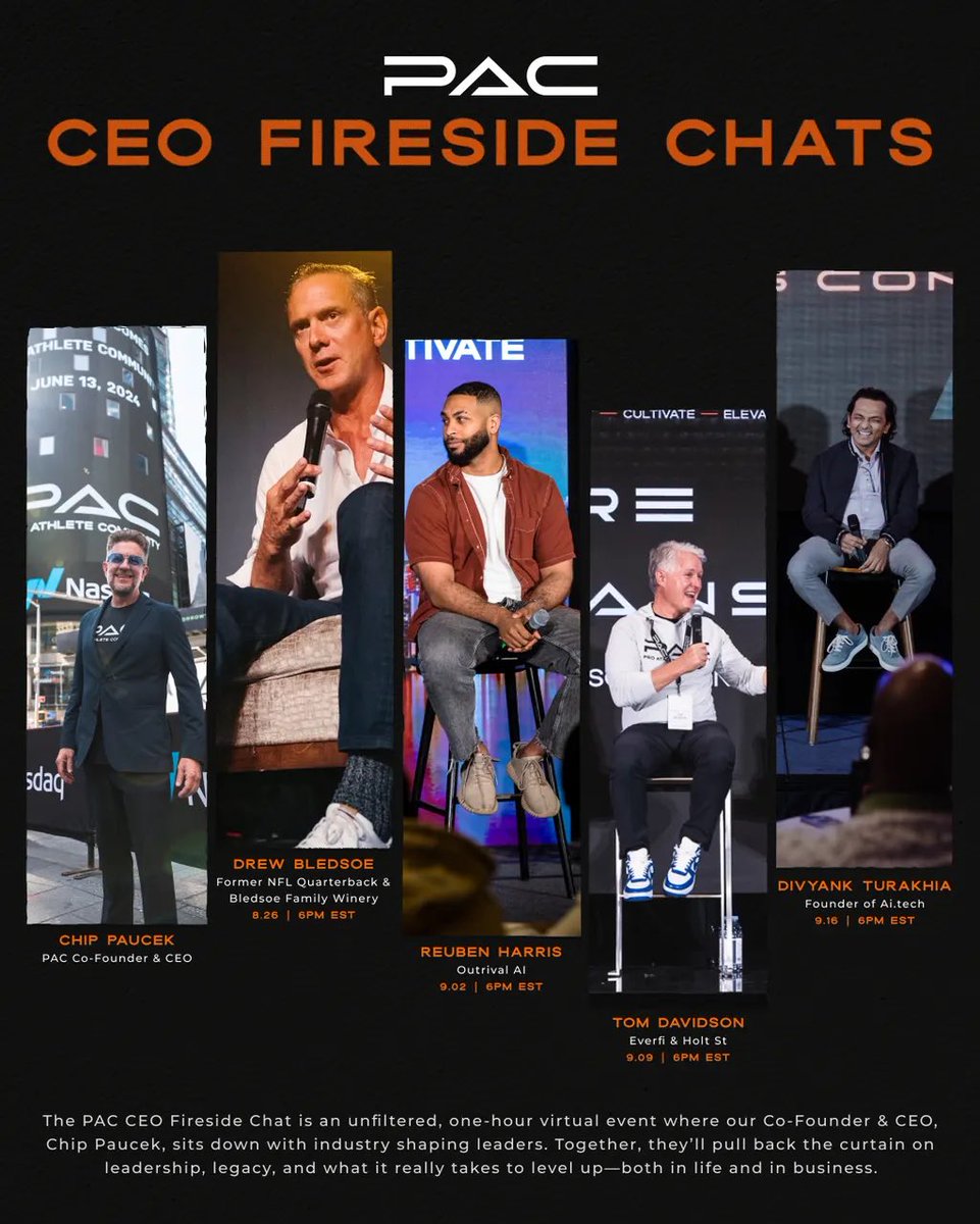 New Series Inside PAC: CEO Fireside Chats 

Starting 8/26, PAC CEO <a href="/chippaucek/">Chip Paucek</a> hosts unfiltered convos w/ industry-shaping leaders.

First up: NFL legend Drew Bledsoe 🍷 (QB &amp; Bledsoe Family Winery) at 6PM ET.

Exclusive access. Only in PAC. 🚀
#PACFamily #PACMindset